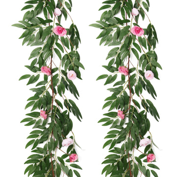 Artificial Hanging Silk Willow Leaves Vine Twig Whit Rose 2Pc 5.7Ft