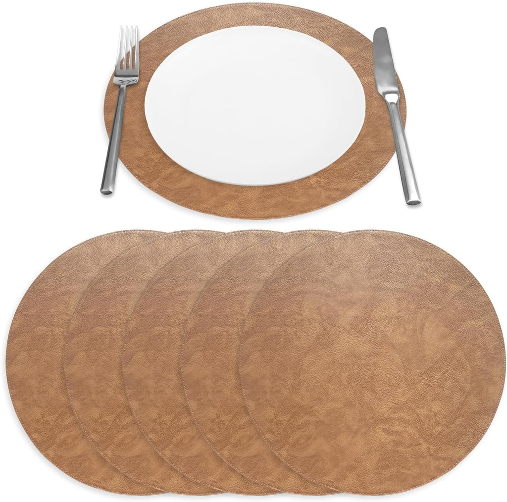 Placemats Set of Round 15" Faux Leather Table Mats for Dining, Heat Resistant & Non-Slip Washable Table Decor