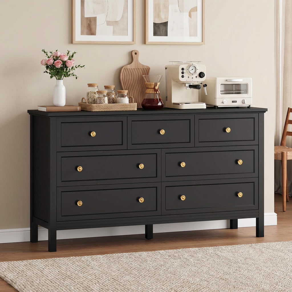 Black Dresser with Gold Handle Modern 7 Drawer Dresser, Wood Chest of Drawer Closet Clothes Storage Organizer, TV