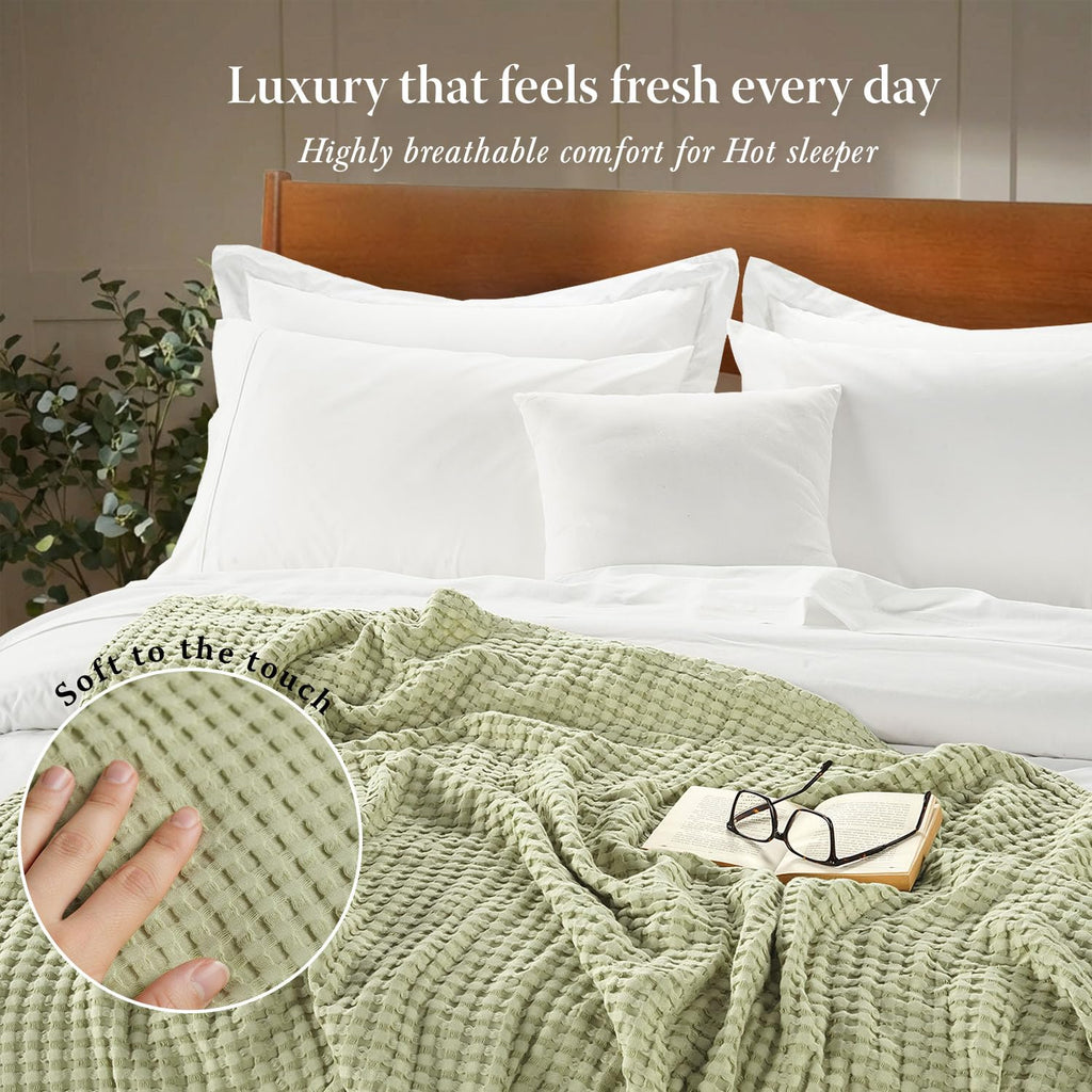 King Waffle Bed Blanket, Rayon Derived from Bamboo, Sage Green