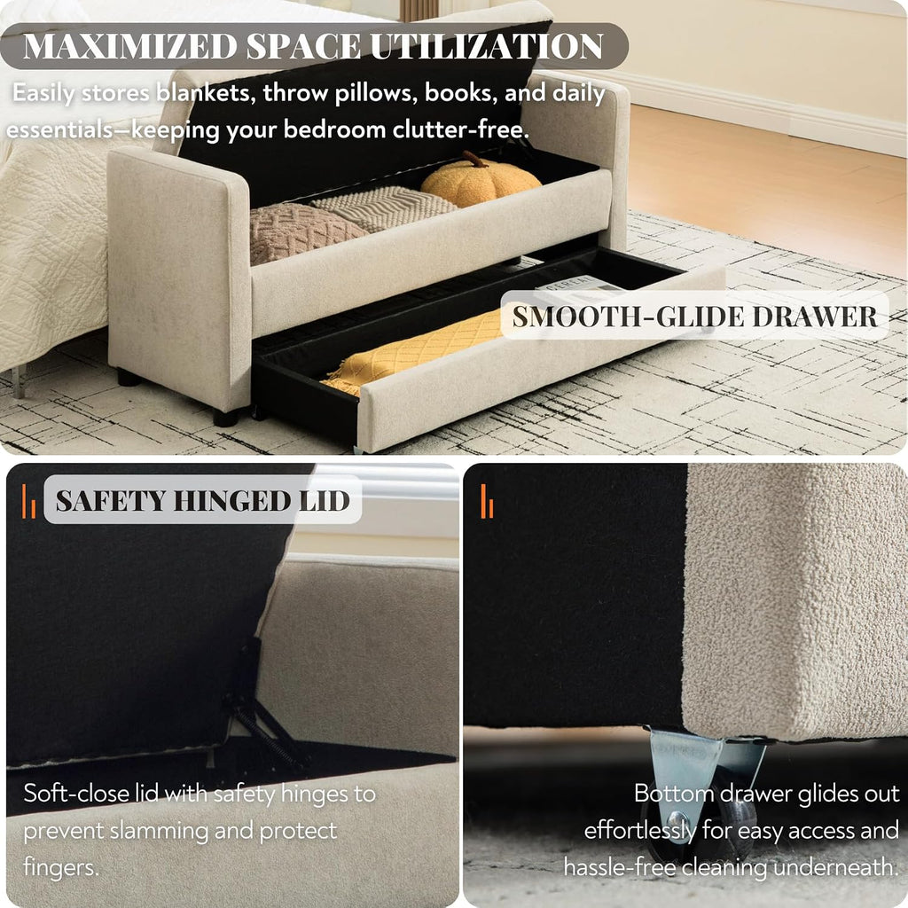 58.3" 2-Tier Storage Bench Upholstered with Drawer, Griege. | End of Bed Bench, 2-Tier Storage King Size Bench