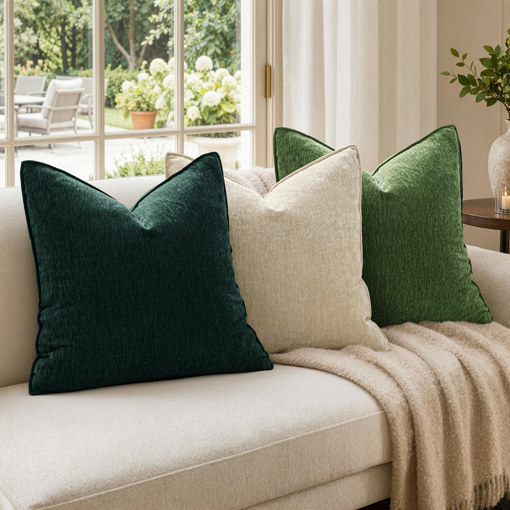 Chenille Couch Pillow Covers Christmas Living Room 18x18 Army Green - Set of 2