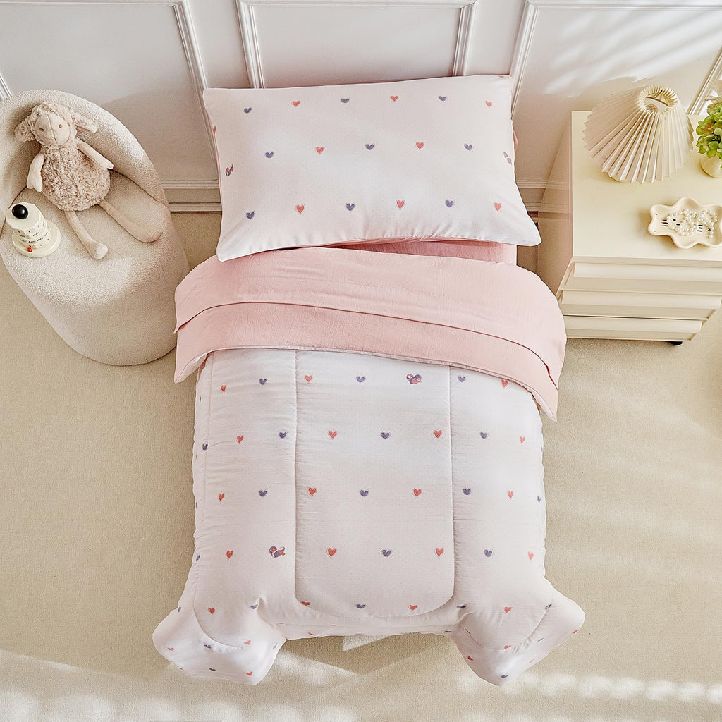 4 Pieces Toddler Bedding Set,Pink Heart Toddler Comforter Sets for Girls,Soft Crib Bed Sheets Set Includes Quilted