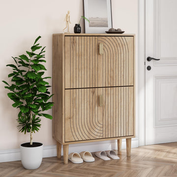 Shoe Cabinet with 2 Flip Drawers, 23.6" Oak Hidden Shoe Storage Cabinet with Line Groove Design, Freestanding Shoe