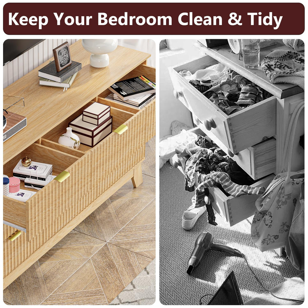 Oak Dresser 9 Drawer Dresser, 57''Wide Fluted Wooden Dresser Storage Cabinet and Chest of Drawers with Metal Handle