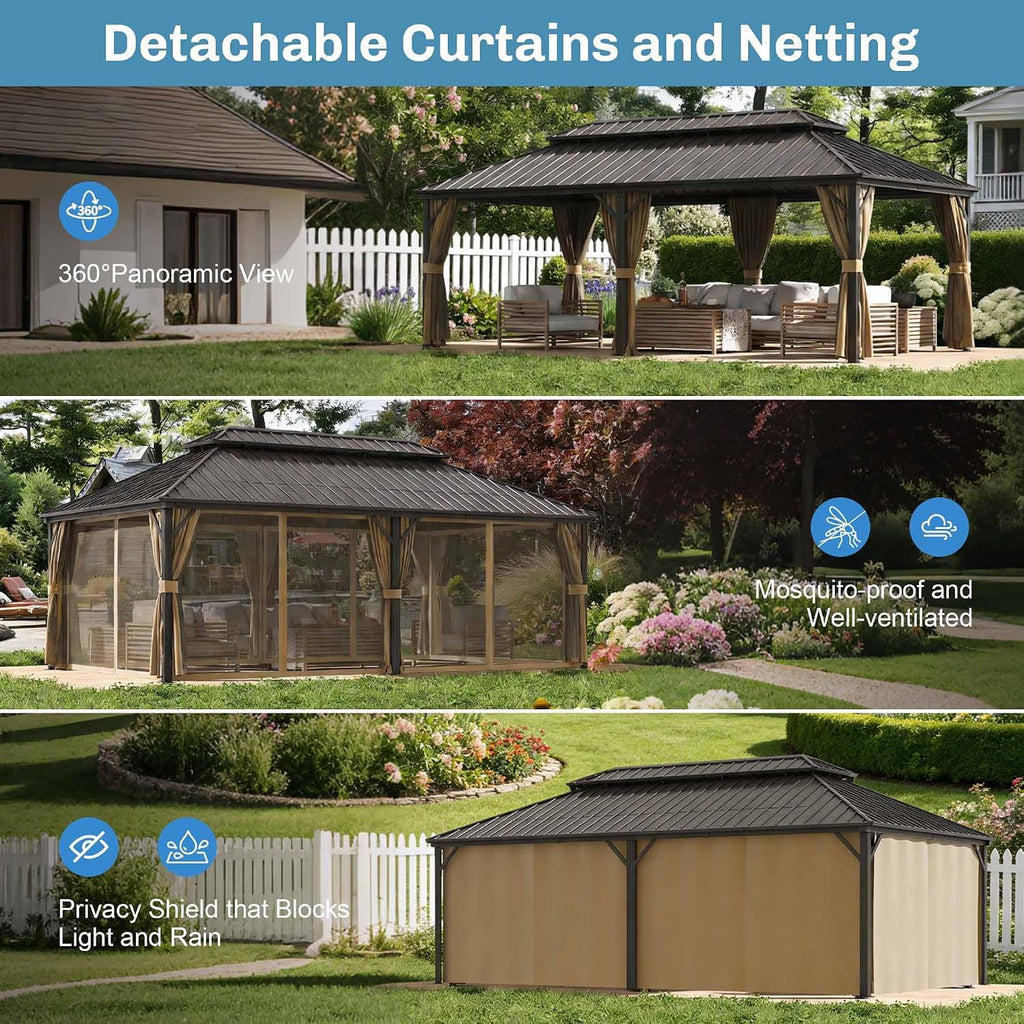 14×20 ft Outdoor Gazebo with Double-Layered Galvanized Steel roof, Hard-top Canopy Featuring Curtains and mesh Panels