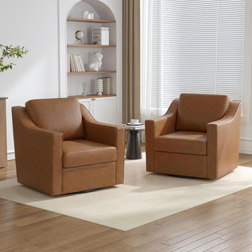 Faux Leather Swivel Accent Barrel Chairs, Brown - Set of 2
