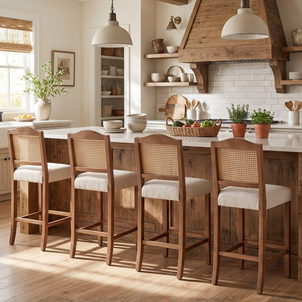 Counter Height Bar Stools Set of 2 Farmhouse Barstools with Rattan Back Linen Upholstered Bar Chairs Mid Century Wood