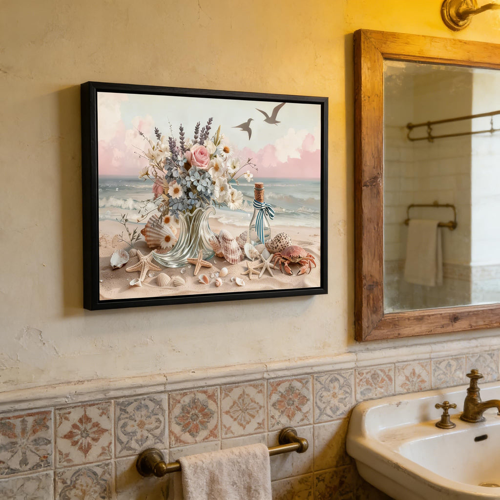 Black Framed Pink Ocean Beach Bathroom Wall Art Ocean Theme Flower Wall Decor Vase Bathroom Posters Prints for