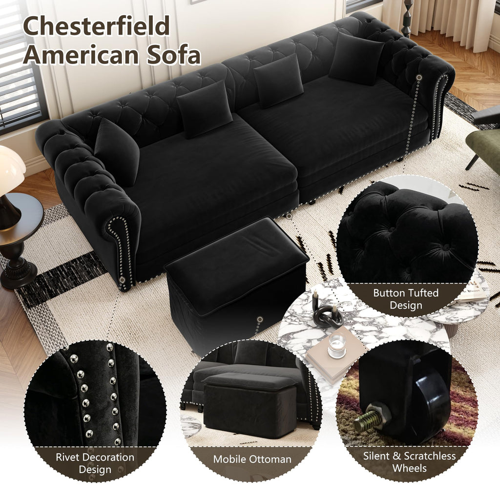 89" King Size Sleeper Sofa Bed, 3-in-1 Convertible Pull Out Chesterfield Sleeper Couch with Ottoman, Oversized Velvet