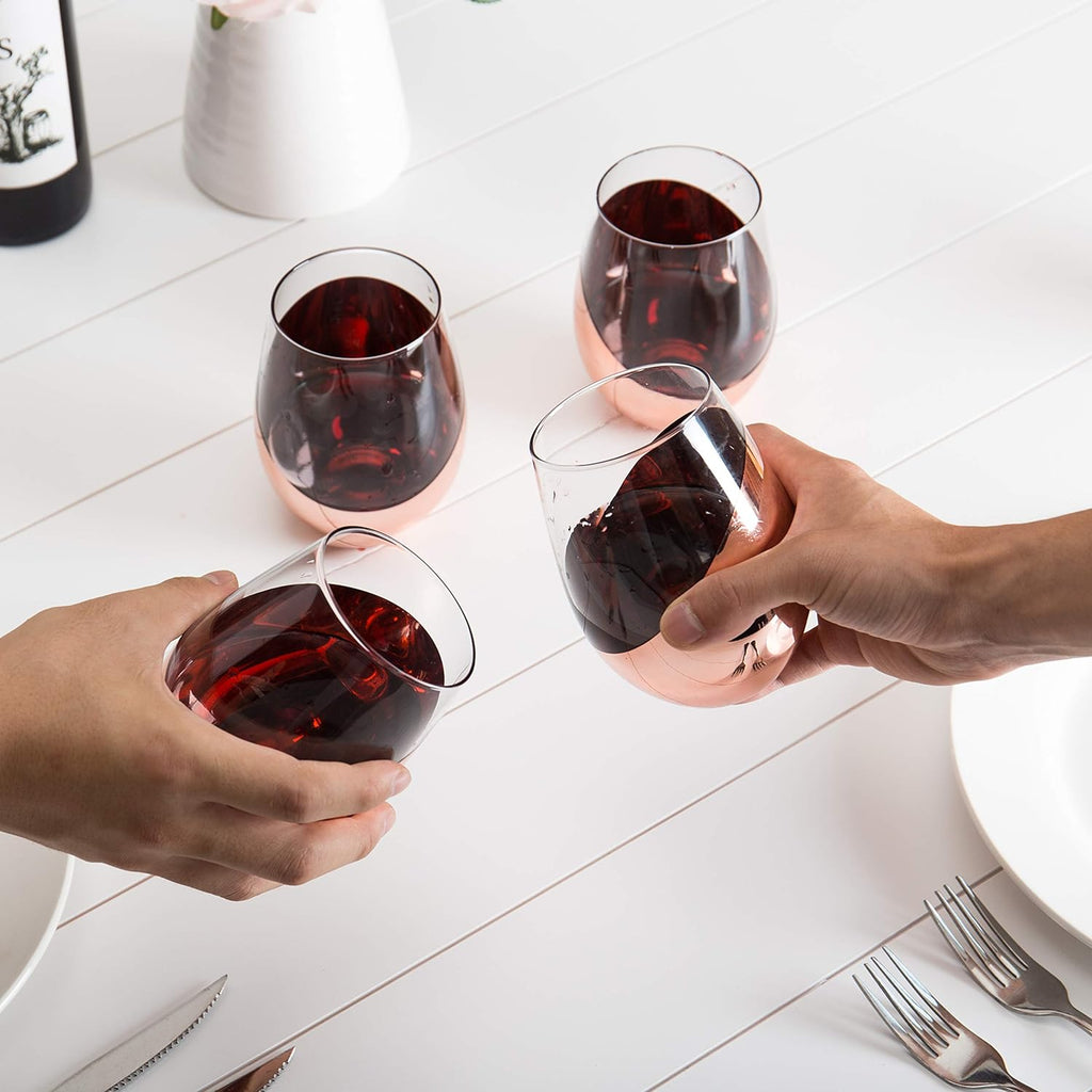 Stemless Wine Glasses Set of 4 - Copper Accent Modern Barware, Elegant Wedding & Celebration Cups with Luxe Metallic