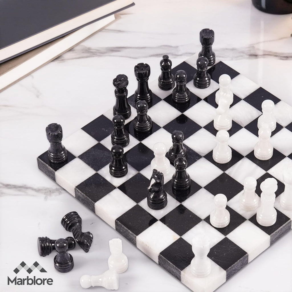 Marble Chess Set for Adults 10 Inch Handmade Black and White Board Game with 32 Chess Pieces 2 Extra Queens Luxury