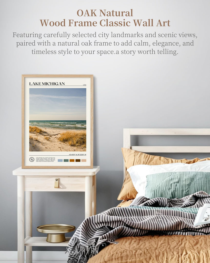 Natural OAK Wood Lake Michigan Framed Wall Art, 12x16in Natural Scenery Canvas Wall Print, Classic Urban City Landmark