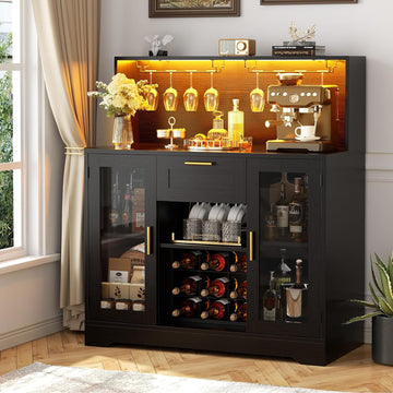 Coffee Bar Cabinet with LED Light and Storage Hutch, Black | Liquor Wine Bar Cabinet with Drawer, Wine Rack, Glass