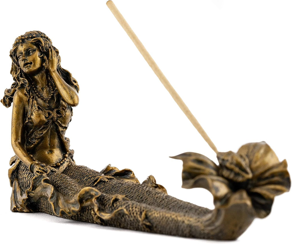 Beach Mermaid Incense Holder Statue - Hand Painted Beautiful Mythical Creature with Bronze Antique Finish Look