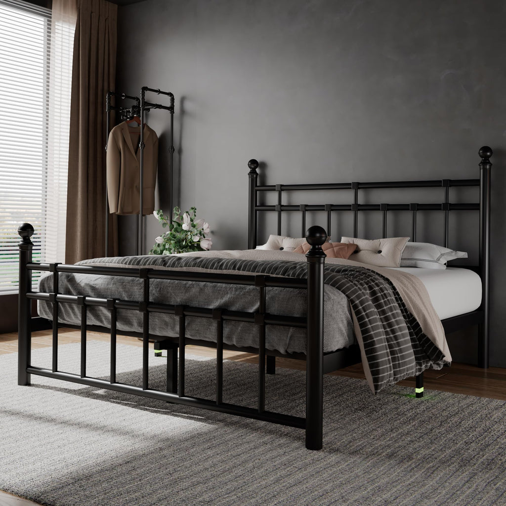 Metal Platform Bed Frame with Victorian Classic Iron-Art Headboard & Footboard, Steel Slats Support, 12" Under