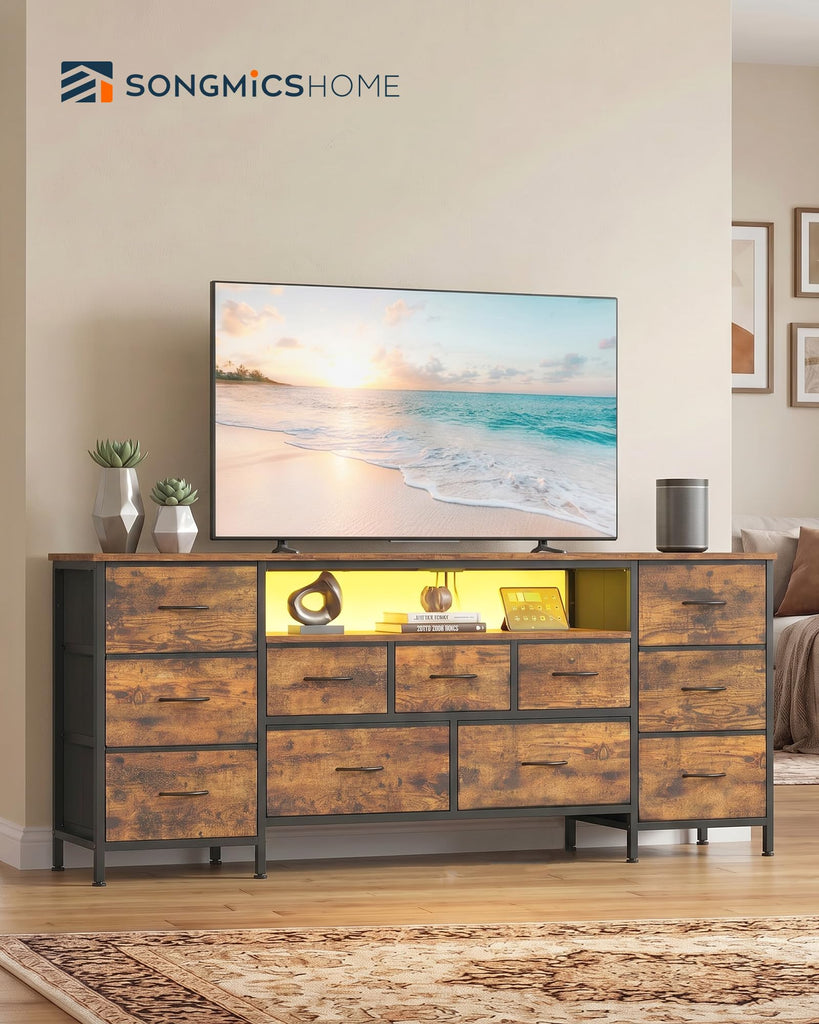 TV Stand with LED Lights, 11 Drawers, 68.6" W, Rustic Brown