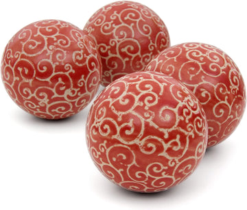 4" Porcelain Ball Set Decorative Balls, Red and Beige Vines - Set of 4