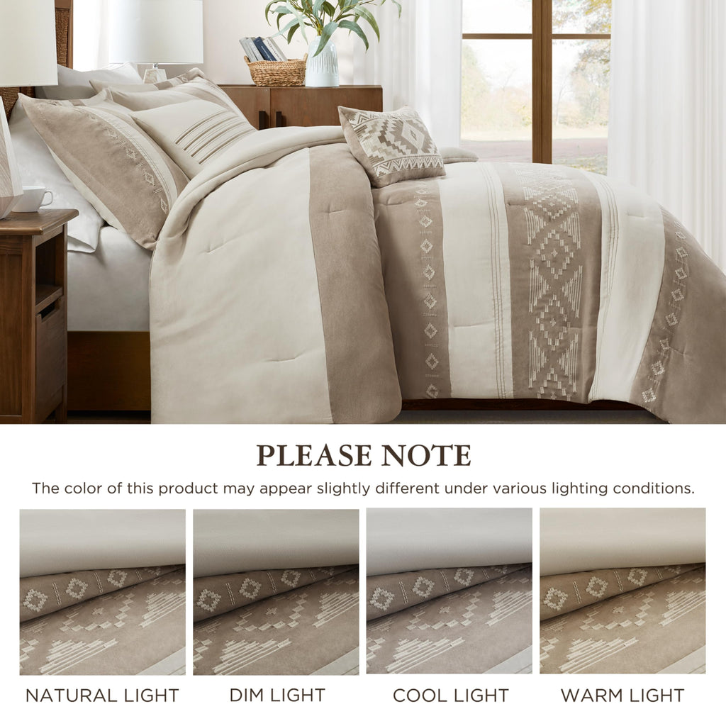 Queen Comforter Set - Sutherland 5-Piece Microsuede Embroidered Bedding Set with Decorative Pillows, Taupe