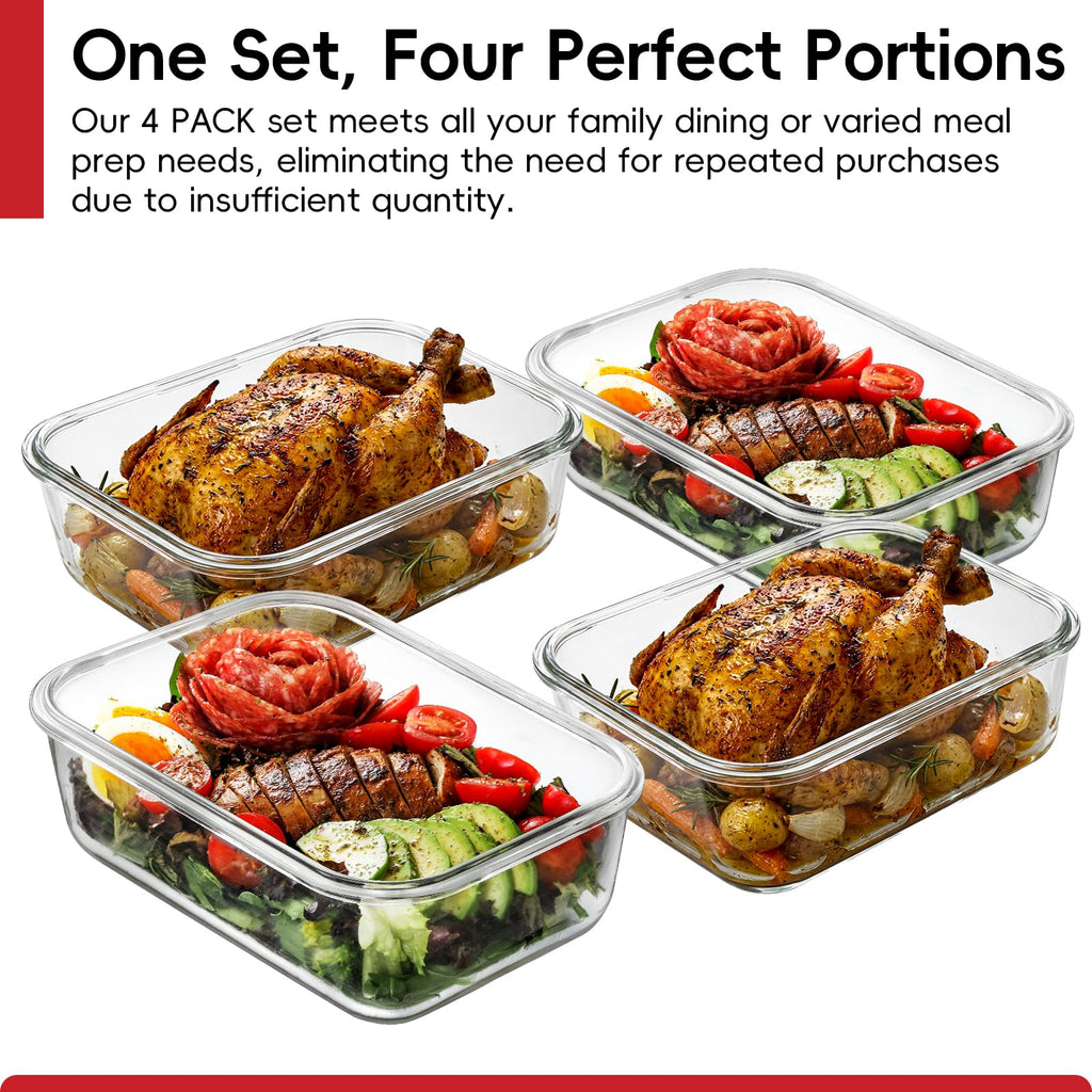 4 Pack 8 Cups/ 63oz Large Glass Storage Containers with Lids, Meal Prep Containers, Glass Food Storage with Airtight