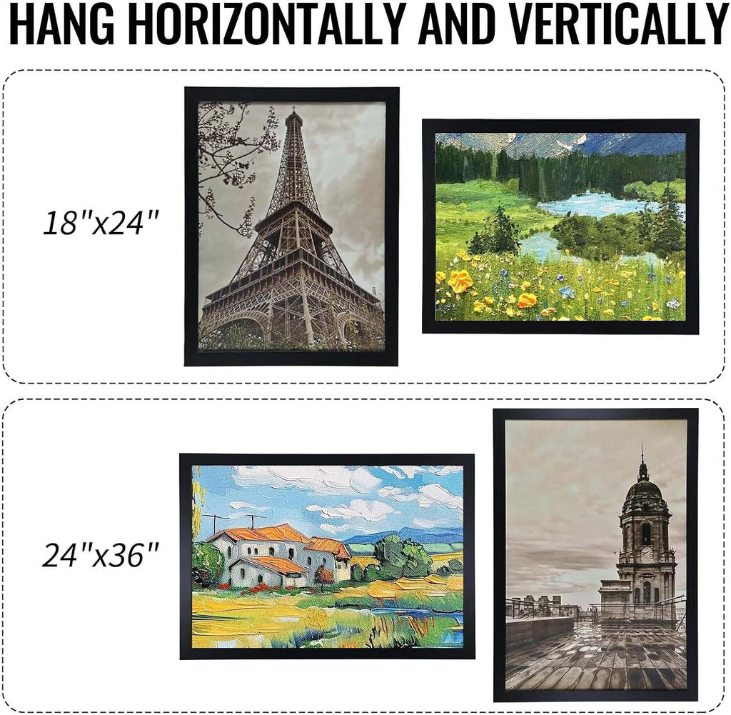 24" x 36" Poster Frame with Wood and Plexiglass, 1 Pack Black | Horizontal or vertical display, wall-mount ready