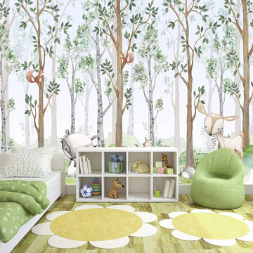 Nursery Animals Forest Wallpaper Mural for Kids Room Bedroom | 106"x70" Not Peel and Stick