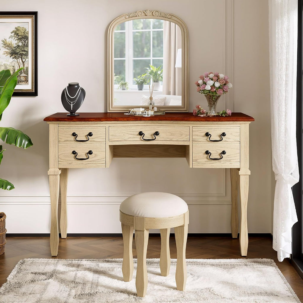 46" Vintage Vanity Desk with Curved Flower Frame Mirror, Wood Dressing Table with Storage, 5 Drawers, Makeup Vanity