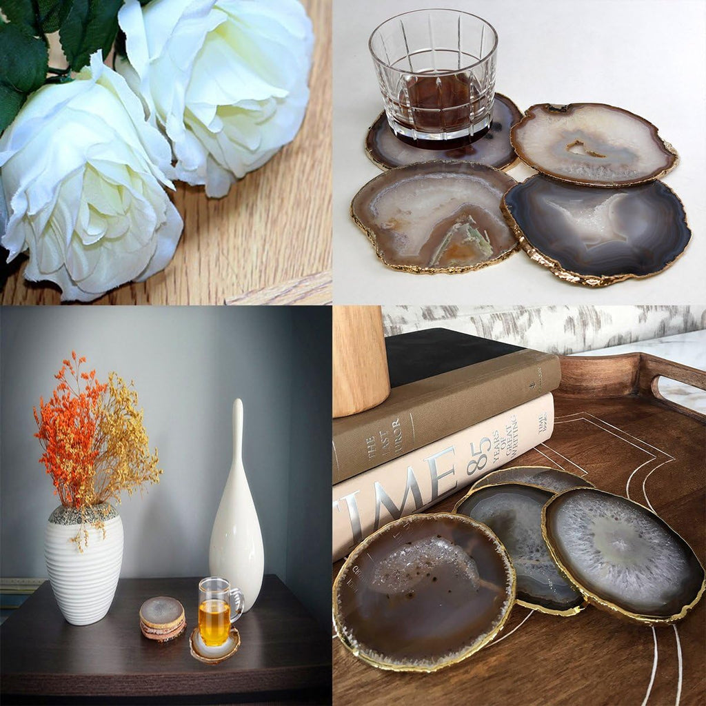 Golden Plated Natural Agate Coasters, Set, 3-4", with Rubber Bumper - Set of 6