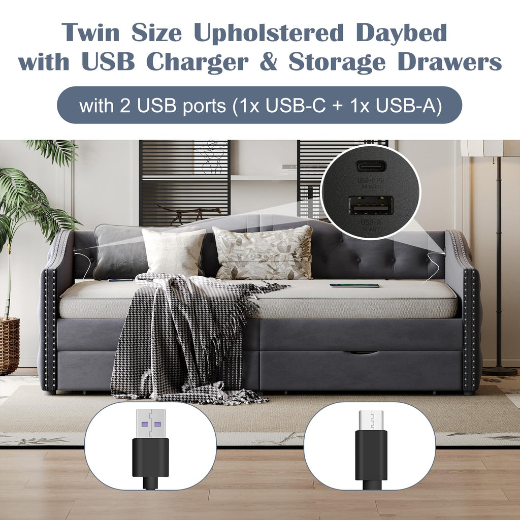 Twin Daybed with Storage, Upholstered Daybed with USB Charger and Two Storage Drawers, Button Tufted Velvet Twin Day
