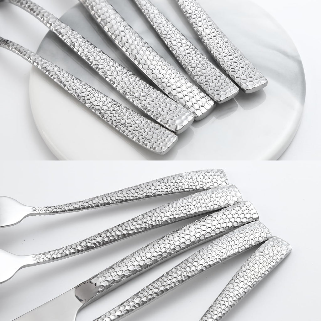 30-Piece Silver Silverware Set, Heavy Duty Hammered 18/10 Stainless Steel Flatware Set for 6, Food-Grade Cutlery Set