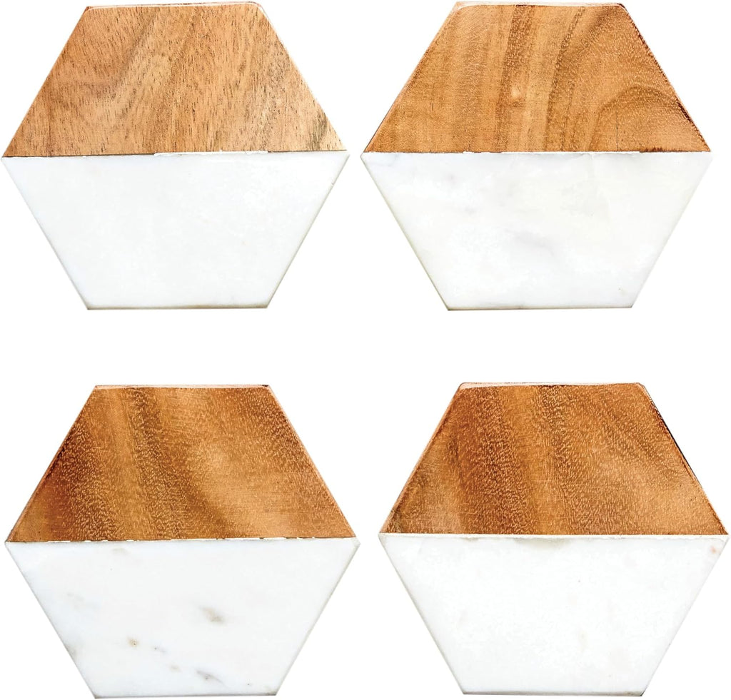 4-Piece Marble and Mango Wood Hexagon Coasters, White and Natural - Set of 4