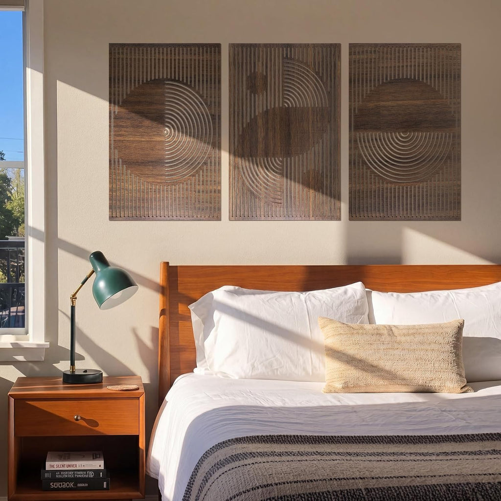 Mid Century Modern Wood Wall Art Decorations 3D Geometric Abstract Wall Sculpture Bedroom Office Minimalist - Set of 3