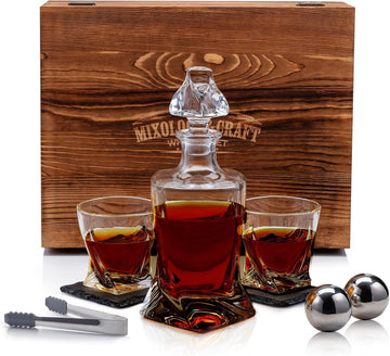 Crystal Whiskey Decanter Set 24oz With Glasses & Chilling Stones - Features Stainless Steel Whiskey Balls, Slate