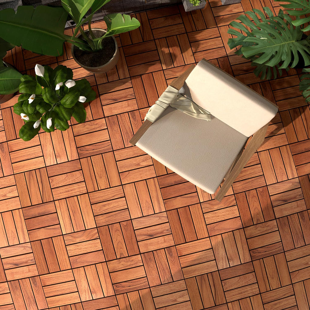 Teak Deck Tiles (Pack of 9) Hardwood Interlocking Patio Deck Tiles, Teak Wood Deck Tiles Interlocking Outdoor, Patio