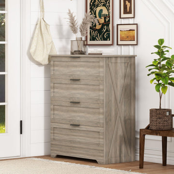 Farmhouse 4 Drawer Dresser, Tall Bedroom Dresser, Rustic Gray