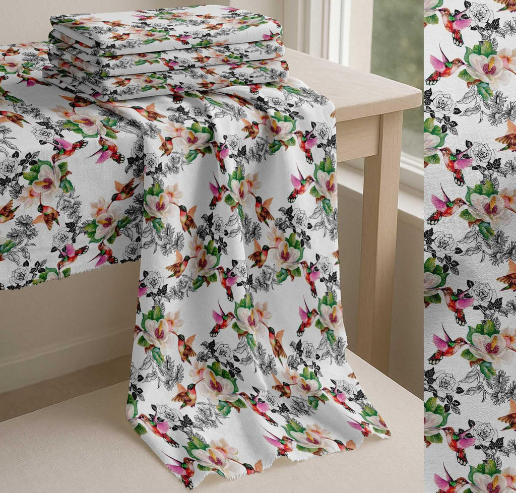 Cotton Poplin White Fabric - by The Yard - 42 Inch Wide - Hummingbird, Leaves & Flower Floral Textile - Playful and