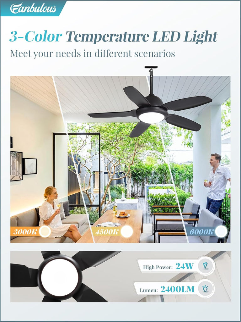 42 Inch Waterproof Outdoor Ceiling Fan with Lights and Remote,IP65 Hanging Gazebo Fan with 3CCT 6-Speed DC Motor,Black Wet Rated Plug in Ceiling Fan with Cord for Patios Porch Pergola A101-B0DPHGLJP5