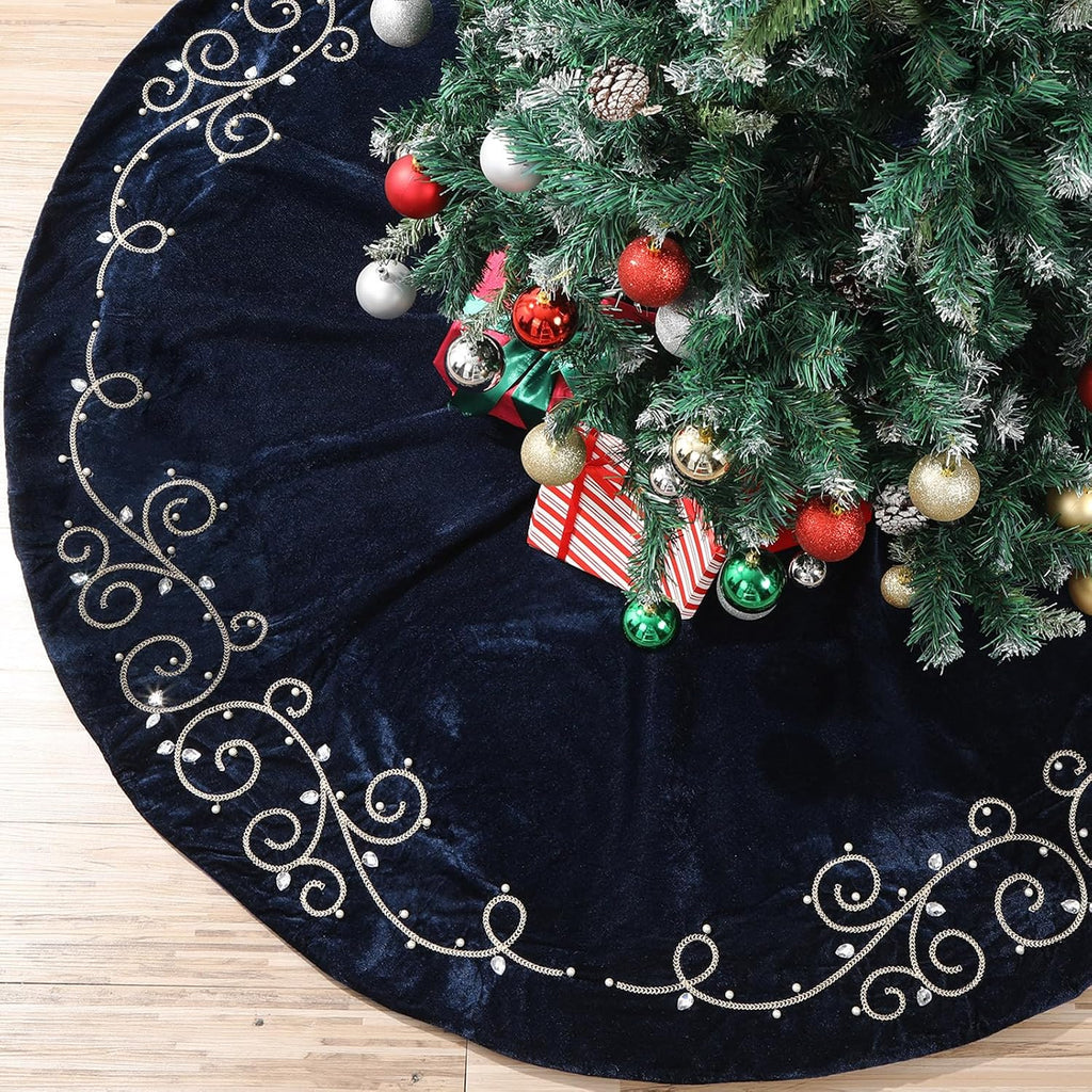 60inch Extra Large Christmas Tree Skirt Navy Blue Luxury Velvet Plush Fur Skirts Baroque Tree Skirts with Gold
