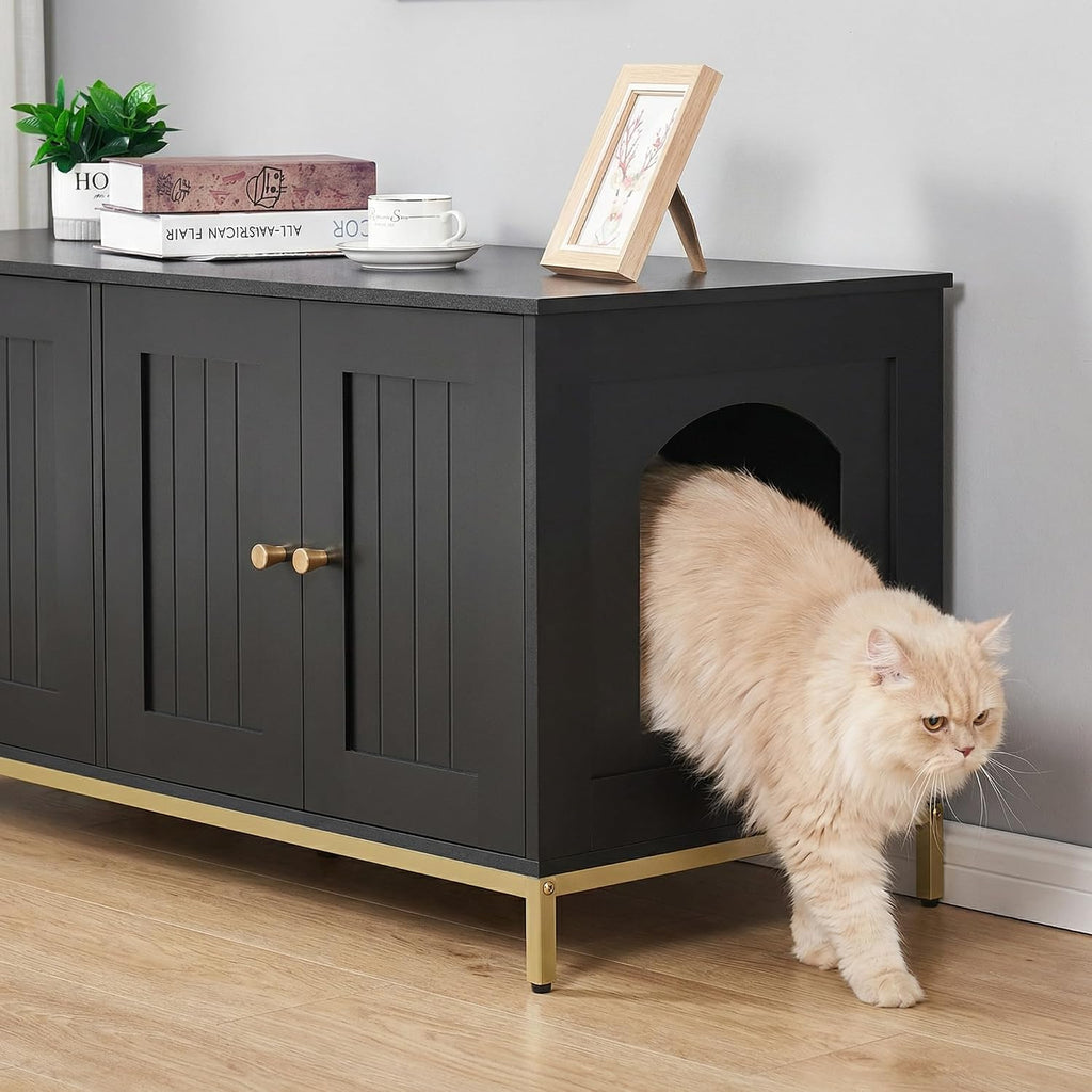 47.2" L Cat Litter Box Enclosure for 2 Cats, Black and Gold