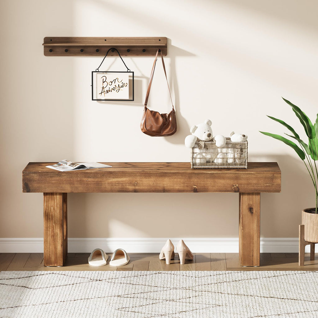 Solid Wood Bench, 47" Long Farmhouse Entryway Bench with Sturdy Legs, Narrow Rustic End of Bed Bench, Easy Assembly