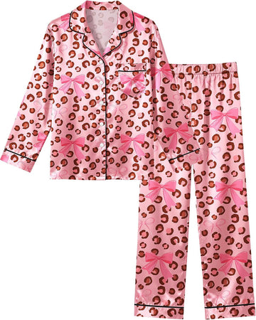 Pajamas Cute Girls Silk Pj Set Long Sleeve and Pants Button Down Sleepwear Lounge Sets for Kids