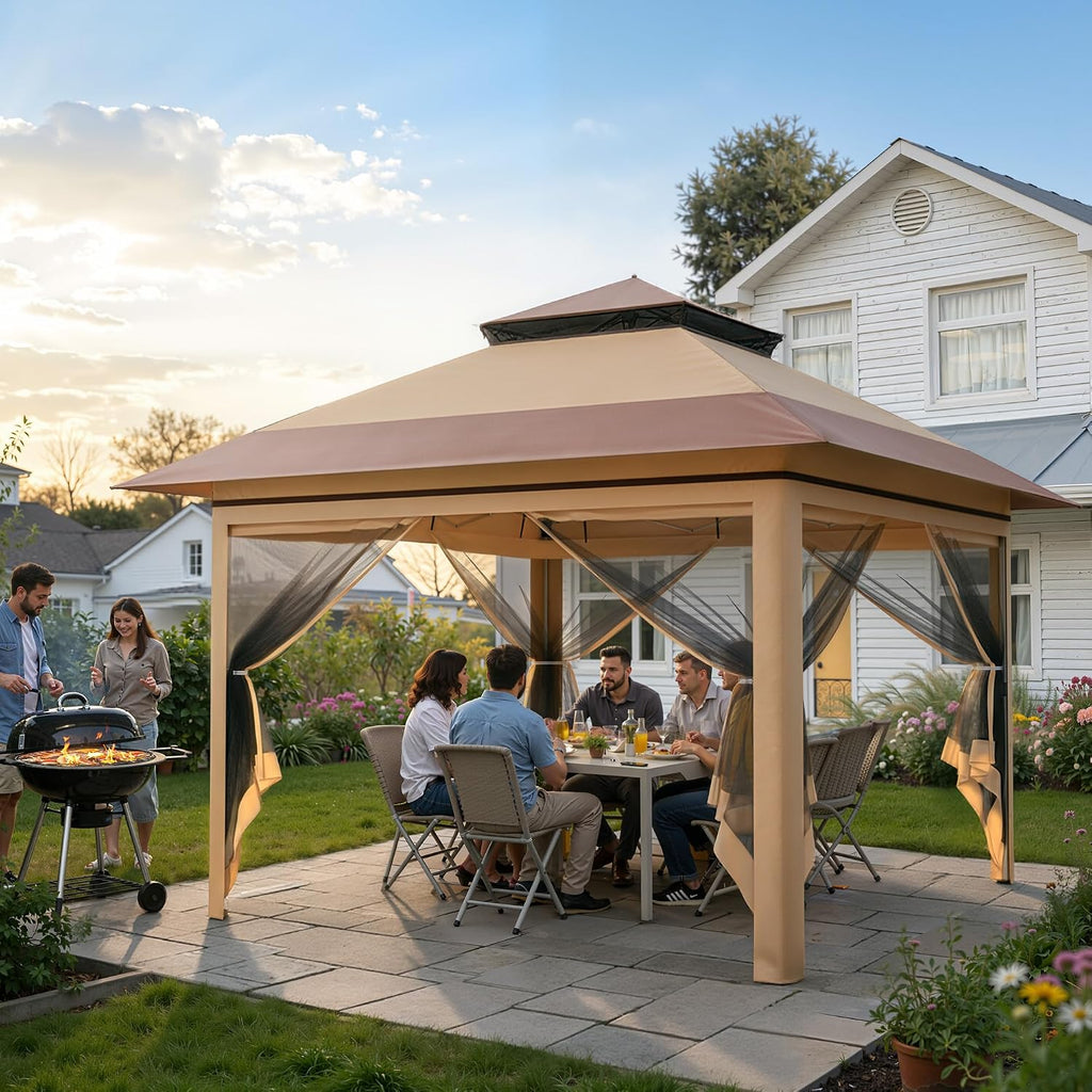13x13 Pop Up Gazebo, Instant Outdoor Gazebo with Mosquito Netting, Vented Roof and Carry Bag - Beige & Coffee
