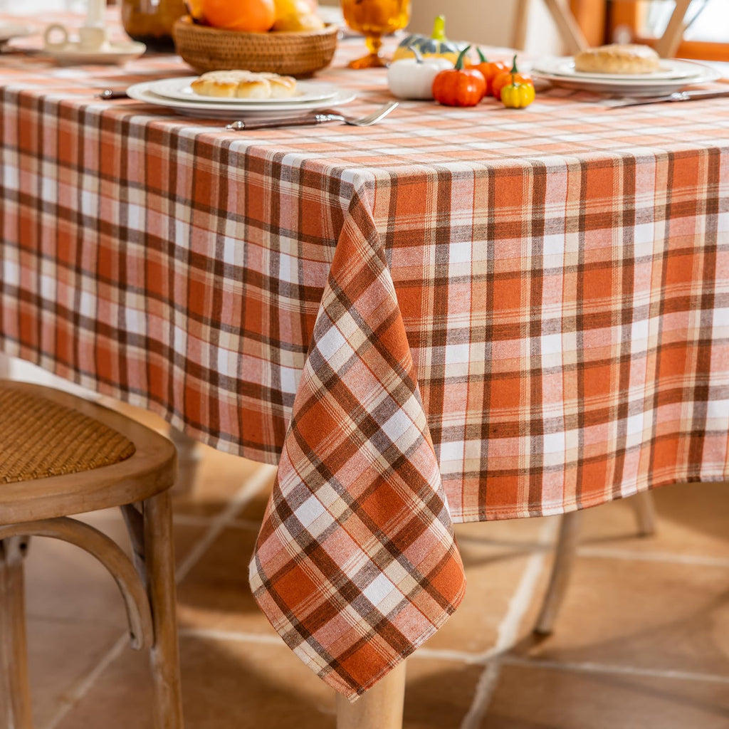55x70 Inch Thanksgiving Tablecloth - Rust Tartan Rectangle Table Cover, Washable Fall Decor for Holiday Parties