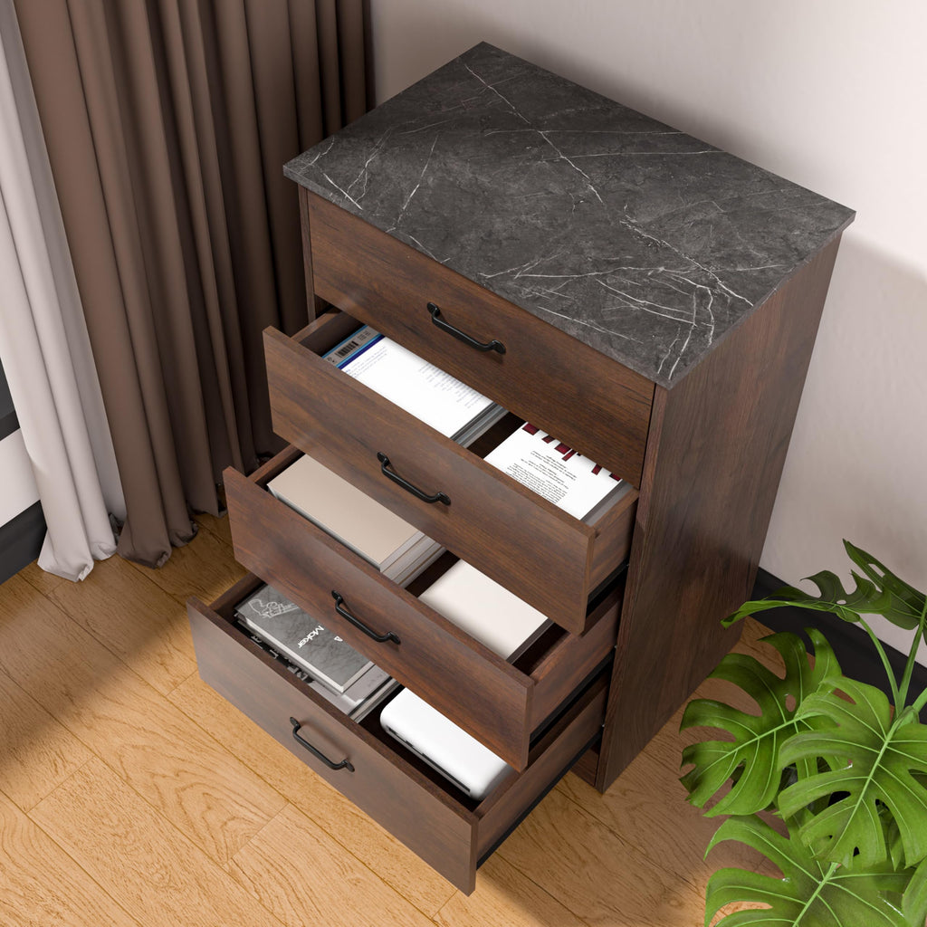Farmhouse 4 Drawer Dresser, Small Wooden Chest of Drawers Classic White Dresser Living Room Entryway (Dark Walnut, 4