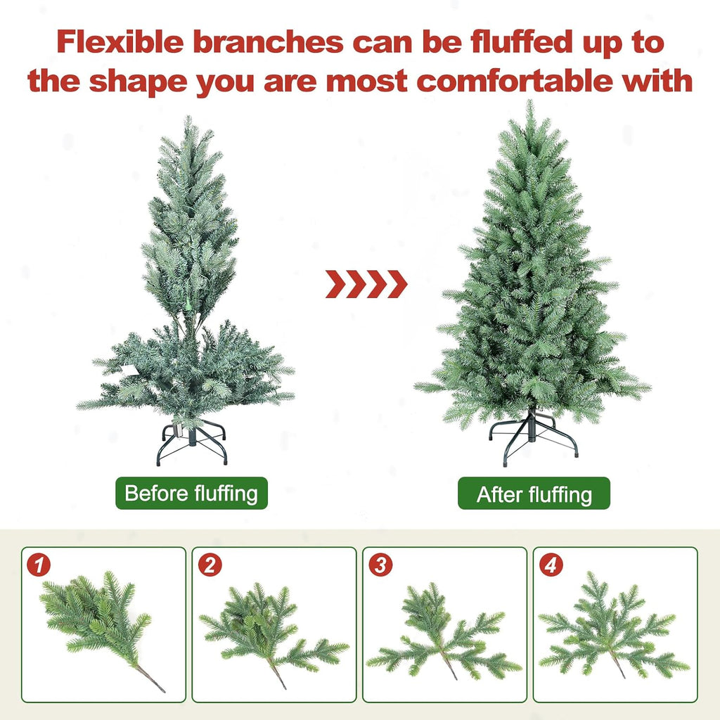 Blue Spruce Artificial Christmas Tree, Hinged Unlit Xmas Trees with 2458 PE&PVC Mixed Branch Tips, Home Holiday