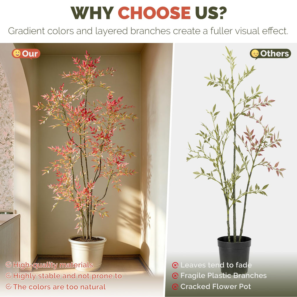 7.2ft Faux Bamboo Tree Artificial Nandina Tree Artificial Indoor Plants Realistic Fake Potted Tree with 800+ Leaves