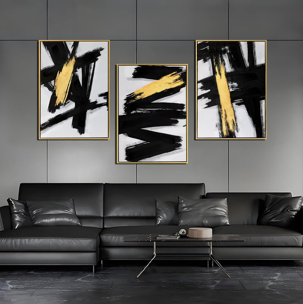 Gold Framed Black and Gold Abstract Canvas Wall Art Prints 3D Textured Black Brushstrokes Painting with Gold Foil
