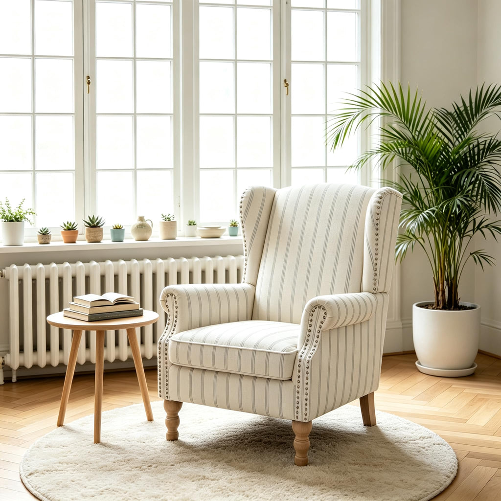 Mid Century Floral Wingback Chair with Nailhead Trim Solid Wood Leg