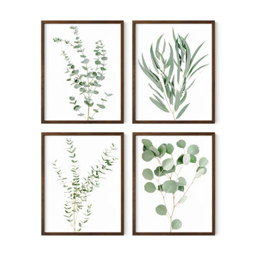 Botanical Plant Wall Art Prints - Set of 4 Decor Floral Kitchen Flower Leaves Boho Leaf Eucalyptus Green Poster