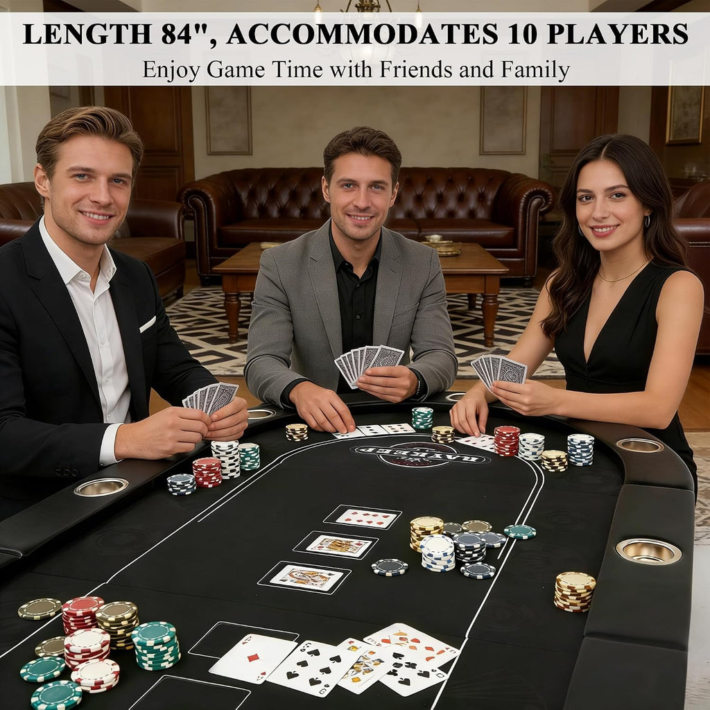 84" Poker Table for 10 Players, Foldable Texas Holdem Table with Padded Rails & 10 Cup Holders, Portable Casino Board